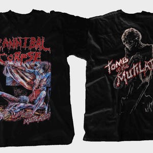 Może przedstawiać: Czarna koszulka z nazwą zespołu "Cannibal Corpse" w czerwonej, ociekającej czcionce z przodu i grafiką. Tył przedstawia "Tomb of the Mutilated" w podobnej czcionce, z postacią szkieletu.