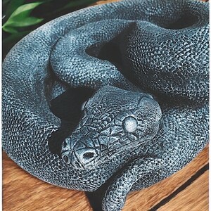 以下が含まれることがあります： 頭部と鱗が詳細に作られた、グレーで質感のある蛇の彫刻。蛇は休息姿勢で丸まっています。