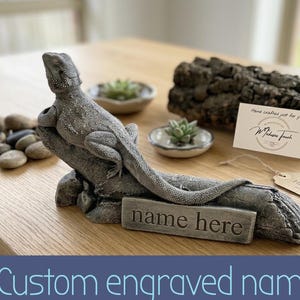 Custom Engraved Bearded Dragon Statue, Realistic Lizard Figurine, Concrete Reptile Decor