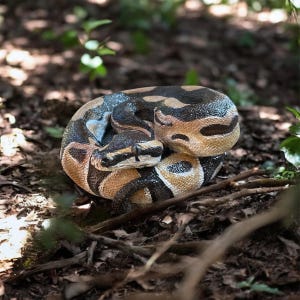 May include: A coiled snake, featuring a pattern of brown, black, and tan, rests on a bed of leaves and twigs. The snake's head is visible, with dark markings around its eyes. The image is taken outdoors, with sunlight filtering through the trees.