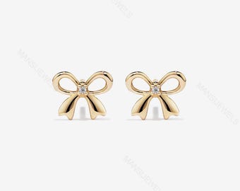 14K gouden strikoorknopjes | Sierlijke lintoorbellen voor dames | Schattige mini-strikstekers | Minimalistische kleine alledaagse oorbellen | Cadeau vriendin