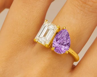 Toi et Moi Amethyst & Smaragd Diamant Ring - 14K Gold Doppelstein Statement Ring - Einzigartiges Alternatives Verlobungsring Geschenk für Sie