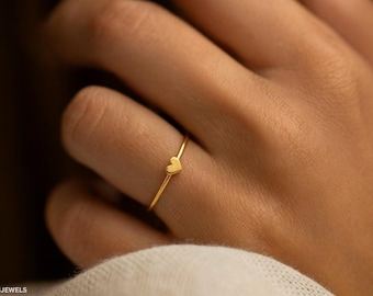 14K Gold Plated Heart Ring For Women - Minimalist 3MM Band Size 6-8