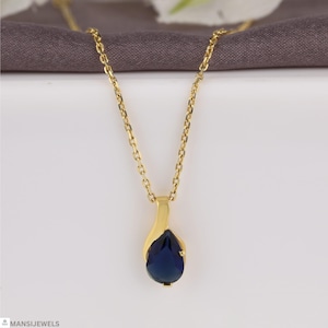 Pear Cut Blauer Saphir CZ Anhänger Halskette | Gold Halskette für Frauen | Zierliche Charm Halskette | Minimalistischer Anhänger | Geschenk für Frauen