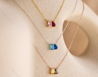 Personalized Two Stone Birthstone Necklace – Custom Double Gemstone Pendant for Mom, Best Friend, or Couple Necklace – Minimalist Jewelry