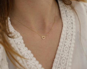 14K Gold Open Heart Necklace | Dainty Love Pendant for Women | Minimalist Gold Heart Chain |Everyday Jewelry Gift for Her | Anniversary Gift