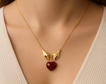 18K Gold Hands Holding Garnet Heart Necklace – sterling silver Artistic Love Pendant