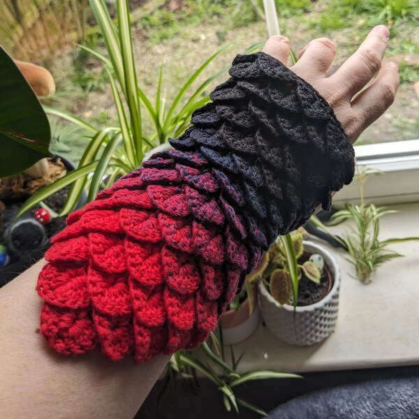 Black and red cotton crochet dragon scale gloves