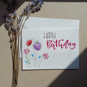 Grußkarte zum Geburtstag Aquarell Handlettering Blumen