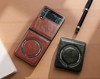Leather Samsung Galaxy Z Flip Case: Magnetic Wireless Charging, Shockproof Cover