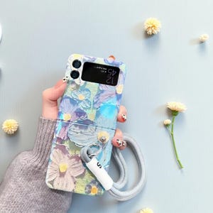 Étui à bandoulière peinture à l'huile pour Samsung Galaxy Z Flip 2 3 4 5 6 - Coque rigide Blu-ray pour PC avec chaîne