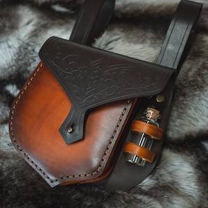 Borsa da cintura in pelle fantasy fatta a mano con porta bottiglia di pozione – Marsupio da alchimista medievale per cosplay LARP