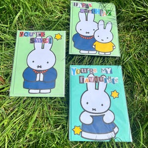 Cartões de felicitações fofos da Miffy – Estilo de colagem feito à mão – Aniversário, Doce, Favorito – Presente de papelaria de coelho kawaii