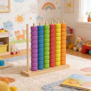 Könnte beinhalten: Ein hölzerner Abakus mit bunten, gestapelten Ringen in Lila, Blau, Grün, Rot, Gelb und Orange. Das Spielzeug ist für die frühkindliche Bildung konzipiert und steht auf einer hellen Holzbasis. Der Hintergrund umfasst einen Teppich und ein Kinderzimmer.