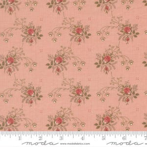 May include: Peach-colored fabric with a repeating floral pattern. The design features clusters of red roses with green leaves and brown stems. The fabric has a vintage, cottagecore aesthetic, suitable for quilting or sewing projects.