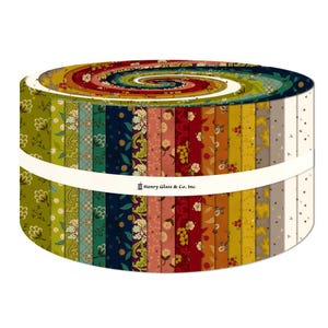 May include: A jelly roll fabric bundle featuring a variety of strips with floral, botanical, and geometric patterns in shades of olive green, navy blue, burgundy, mustard yellow, and cream. A white paper band with the text Henry Glass & Co. Inc.