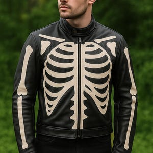 Handmade Skeleton Leather Biker Jacket: Gothic Punk Rock Motorcycle Coat