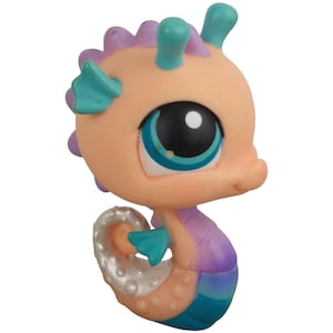 May include: A colorful seahorse figurine with a peach-colored body, purple and teal accents, and large blue eyes. The seahorse has a silver, pearlescent tail and is a collectible toy.
