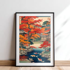 Japanischer Koi Teich Herbst Wandkunst, Ukiyo-e Stil digitaler Download, Zen Garten druckbare Kunst, Japandi Wohnkultur, Herbst Japan Landschaft Druck