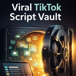 May include: Digital illustration featuring a laptop displaying a user interface, positioned in front of a stylized bank vault. The vault door is open, revealing glowing icons and text that reads "Viral TikTok Script Vault."