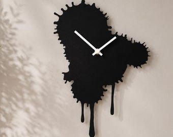 Black Wooden Silent Wall Clock Handmade, Drip Art Clock, Abstract Melted Clock, Dopamine Decor, Modern Wall Art, Living Room Decoration