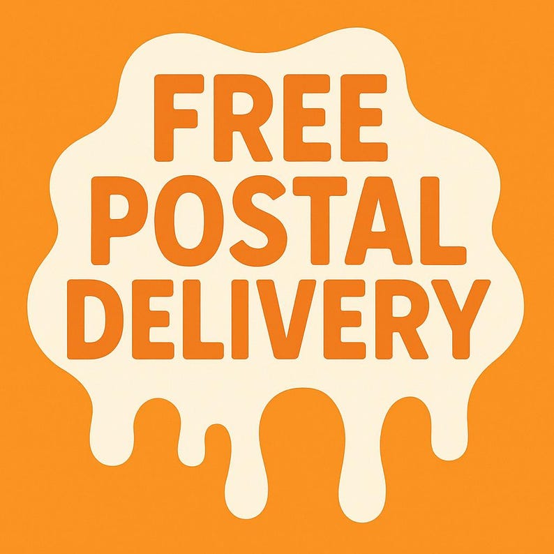 May include: An orange background with a white, drippy shape containing the words "FREE POSTAL DELIVERY" in orange block letters. The design is simple and bold, with a focus on the text.