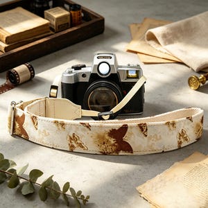 Peut inclure: Un appareil photo argentique Olympus argent et noir avec une sangle de couleur crème ornée d'un motif répétitif de papillons marron. La sangle est en tissu avec des embouts en similicuir clair et des boucles de réglage en plastique.