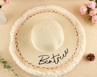 Custom Hollow Straw Hat, Summer Beach Sun Hat, Summer Wide-Brimmed Hat, Personalized Straw Hat, Wedding Gift, Gift For Her