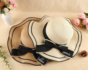 Cappelli di paglia con fiocco personalizzati, cappelli di paglia con nomi, cappelli di paglia per le vacanze al mare, cappelli da sole da spiaggia, cappelli ricamati personalizzati, cappelli estivi