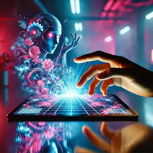 Puede incluir: Una ilustración digital de una mujer con piel azul y flores rosas que emergen de una tableta. Una mano se extiende para tocar la pantalla.