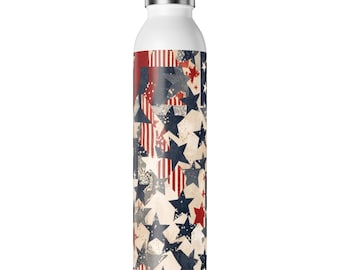 Patriotic Slim Water Bottle | Red, White & Blue Star Design | Reusable Drink Container | Ideal for Independence Day, Picnics, Gifts