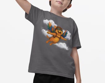 Flying Cat Adventure Kids Tee, Children&#39;s Shirt, Fun Animal Graphic Top, Youth Clothing, Playful Kitty Design
