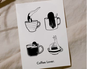May include: A black and white illustration of four different images of people in coffee cups. The text "Coffee Lover." is at the bottom of the image.