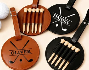 Etiqueta de couro gravada para bolsa de golfe com suporte para tees, presente personalizado, presente para padrinhos, acessórios de golfe personalizados, presente de golfe para homens.