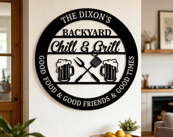 Placa de metal personalizada para churrasco no jardim | Arte para área externa "Grill & Chill" | Decoração de parede para churrasco | Presente para mestres do churrasco | Presente de Dia dos Pais para o vovô