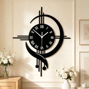 Art Deco metalen wandklok, zwarte verticale wandklok met slinger, wandklok met Romeinse cijfers, moderne blikvanger voor aan de muur.