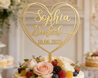 Topo de Bolo de Casamento Personalizado em Formato de Coração | Topo de Bolo Personalizado em Acrílico com Sobrenome e Data