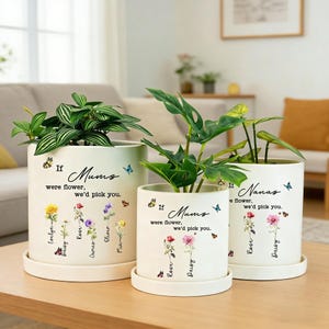 May include: Three white ceramic plant pots with saucers. The pots feature the text "If Mums were flower, we'd pick you" and "If Nanas were flower, we'd pick you". Each pot has a floral and butterfly design, perfect for indoor plants.