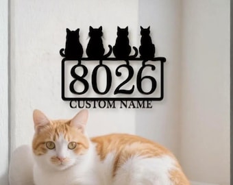 Placa de endereço personalizada para gatos, placa de número de casa de metal para gatos, placa de nome de metal personalizada para casa ao ar livre, número de casa ao ar livre, endereço de metal
