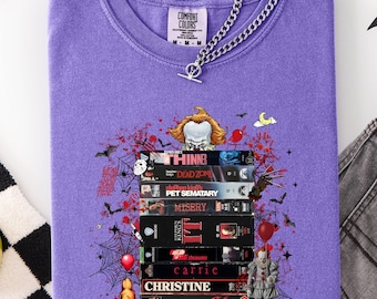 Comfort Colors Halloween Movie Tape Stack Graphic Tee, Retro VHS Halloween Shirt, Spooky Season Shirt, Nostalgic Horror VHS Movies Shirt