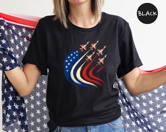 Patriotic Jet Heart Graphic T-Shirt: Military USA Pride