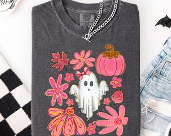 Comfort Colors Halloween Ghost Shirt: Pink Floral Bow, Girly Spooky Tee