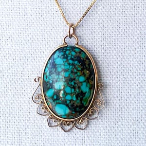 Antique Victorian Large Genuine Turquoise Pendant in Gold Filled, Natural Turquoise Gold Necklace, 14k Gold Filled Pendant and Box Chain