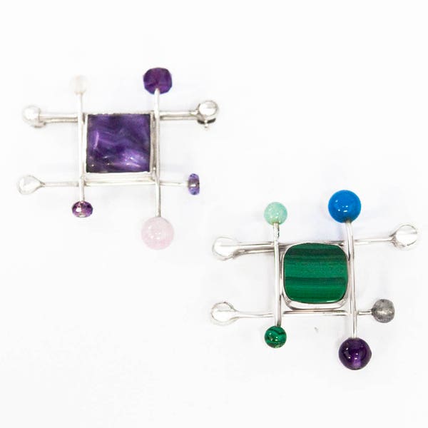 Miro Brooch in Sterling Silver with Charoite or Malachite Gemstones, Silver Brooch, Art Jewelry