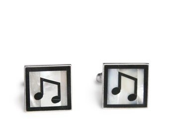Music Note Cufflinks Sterling Silver, Double Eighth Note, Musician Cufflinks, Black Onyx and Mother of Pearl Mosaic, Groom Wedding Gift