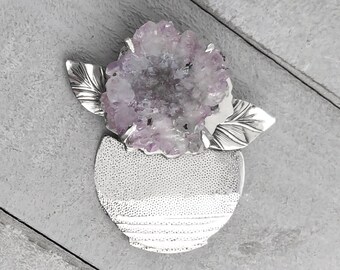 Amethyst Crystal Flower in Vase Sterling Silver Brooch: Amethyst