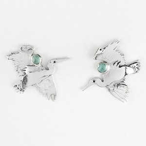 Heron Earrings with Apatite in Sterling Silver, Silver Post Earrings, Stud Earrings, Silver Flying Crane Earrings, Small Stud Earrings