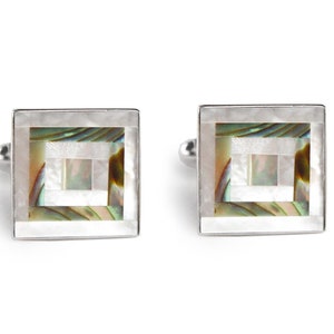 Manschettenknöpfe mit Abalone Muschel in Sterling Silber, Bräutigam Hochzeitsgeschenk, Edelstein Perle und Muschel Mosaik Manschettenknöpfe in Sterling Silber