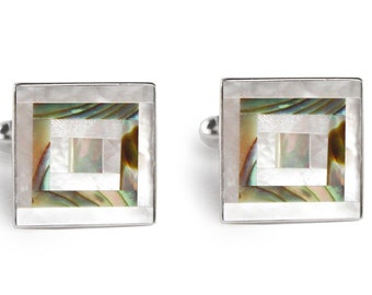 Abalone and Pearl Cufflinks in Sterling Silver, Groom Wedding Gift, Gemstone Pearl and Abalone Shell Mosaic Cuff Links in Sterling Silver