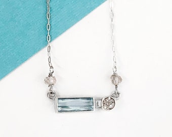 Natural Aquamarine Bar Necklace in Sterling Silver, Blue Aquamarine Pendant, Aquamarine Necklace, Sterling Silver Necklace, Zircon Necklace